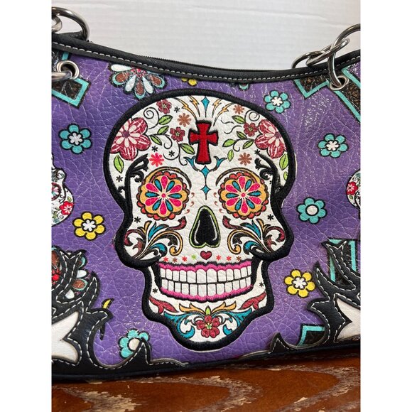 Sugar Skull Purple Handbag With Multiple Compartments & Black Accents V3 - Picture 2 of 5